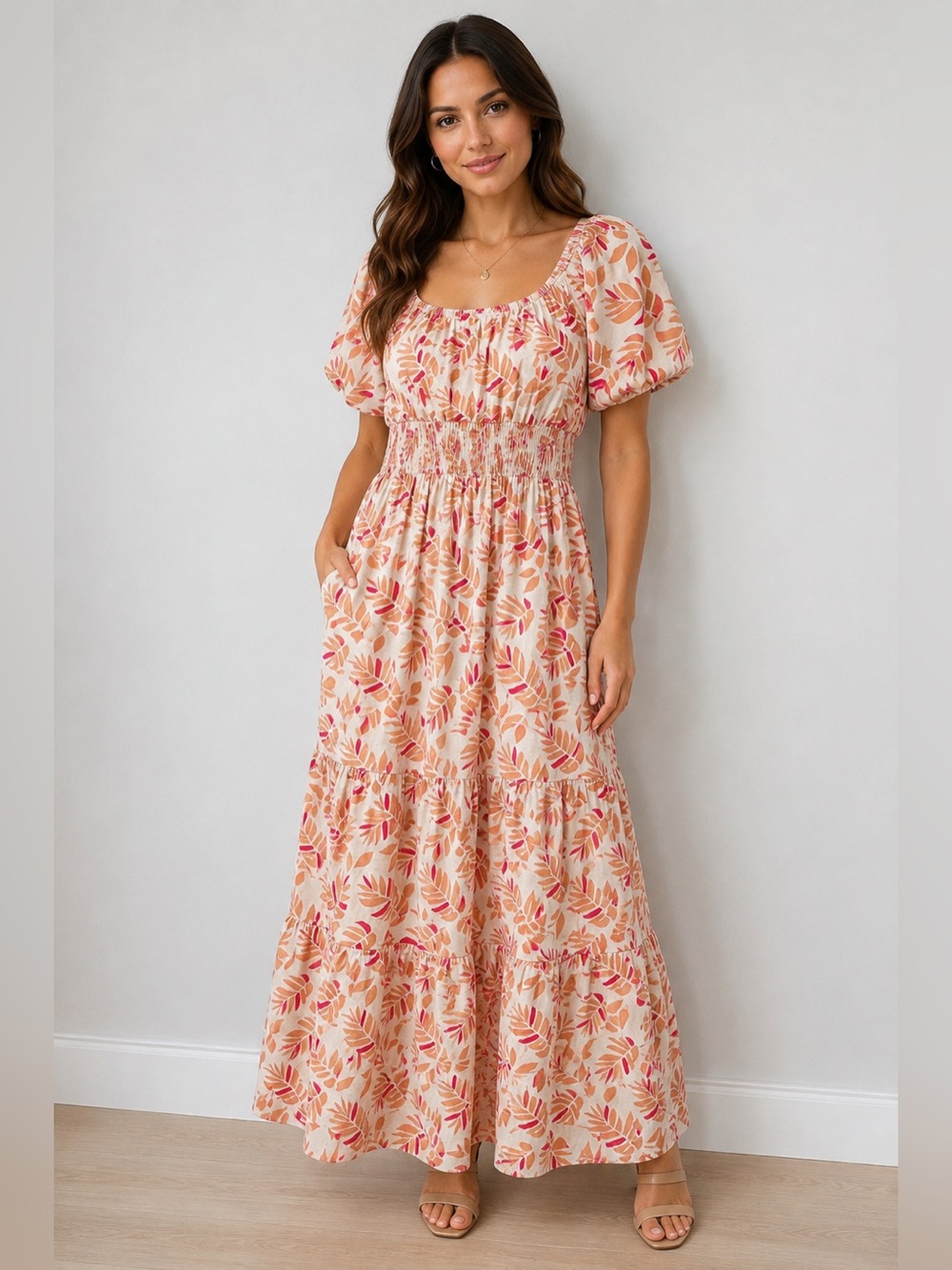 Easel Floral Linen Blend Puff Sleeve Tiered Maxi Dress S NWT